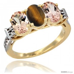 10K Yellow Gold Natural Tiger Eye & Morganite Sides Ring 3-Stone Oval 7x5 mm Diamond Accent