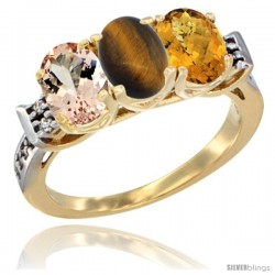 10K Yellow Gold Natural Morganite, Tiger Eye & Whisky Quartz Ring 3-Stone Oval 7x5 mm Diamond Accent