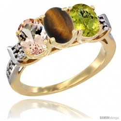 10K Yellow Gold Natural Morganite, Tiger Eye & Lemon Quartz Ring 3-Stone Oval 7x5 mm Diamond Accent