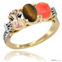 10K Yellow Gold Natural Morganite, Tiger Eye & Coral Ring 3-Stone Oval 7x5 mm Diamond Accent