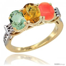 10K Yellow Gold Natural Green Amethyst, Whisky Quartz & Coral Ring 3-Stone Oval 7x5 mm Diamond Accent