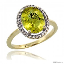 14k Yellow Gold Diamond Halo Lemon Quartz Ring 2.4 carat Oval shape 10X8 mm, 1/2 in (12.5mm) wide