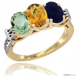 10K Yellow Gold Natural Green Amethyst, Whisky Quartz & Lapis Ring 3-Stone Oval 7x5 mm Diamond Accent