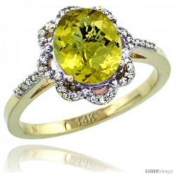 14k Yellow Gold Diamond Halo Lemon Quartz Ring 1.65 Carat Oval Shape 9X7 mm, 7/16 in (11mm) wide
