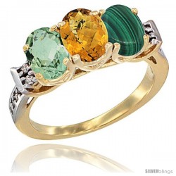 10K Yellow Gold Natural Green Amethyst, Whisky Quartz & Malachite Ring 3-Stone Oval 7x5 mm Diamond Accent