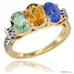 10K Yellow Gold Natural Green Amethyst, Whisky Quartz & Tanzanite Ring 3-Stone Oval 7x5 mm Diamond Accent