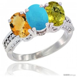 10K White Gold Natural Citrine, Turquoise & Lemon Quartz Ring 3-Stone Oval 7x5 mm Diamond Accent