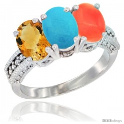 10K White Gold Natural Citrine, Turquoise & Coral Ring 3-Stone Oval 7x5 mm Diamond Accent