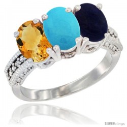 10K White Gold Natural Citrine, Turquoise & Lapis Ring 3-Stone Oval 7x5 mm Diamond Accent