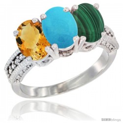 10K White Gold Natural Citrine, Turquoise & Malachite Ring 3-Stone Oval 7x5 mm Diamond Accent