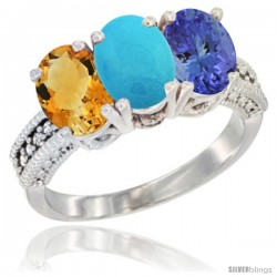 10K White Gold Natural Citrine, Turquoise & Tanzanite Ring 3-Stone Oval 7x5 mm Diamond Accent