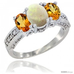 10K White Gold Ladies Oval Natural Opal 3-Stone Ring with Citrine Sides Diamond Accent