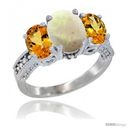 10K White Gold Ladies Natural Opal Oval 3 Stone Ring with Citrine Sides Diamond Accent