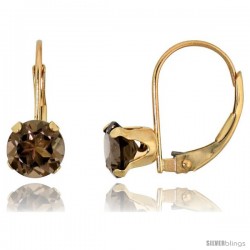 10k Yellow Gold Natural Smoky Topaz Leverback Earrings 6mm Brilliant Cut, 9/16 in tall