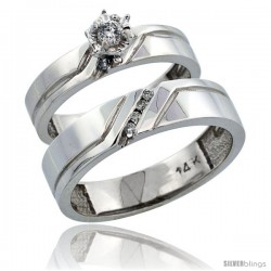 14k White Gold 2-Piece Diamond Ring Band Set w/ Rhodium Accent ( Engagement Ring & Man's Wedding Band ), w/ 0.15 Carat