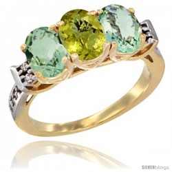 10K Yellow Gold Natural Lemon Quartz & Green Amethyst Sides Ring 3-Stone Oval 7x5 mm Diamond Accent