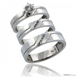 14k White Gold 3-Piece Trio His (5mm) & Hers (4mm) Diamond Wedding Ring Band Set w/ 0.19 Carat Brilliant Cut Diamonds