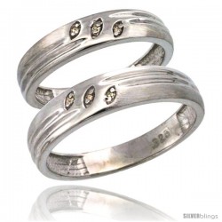 Sterling Silver 2-Pc His (5mm) & Hers (4.5mm) Diamond Wedding Ring Band Set w/ 0.045 Carat Brilliant Cut Diamonds