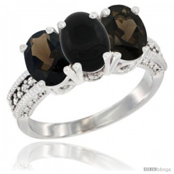 14K White Gold Natural Black Onyx & Smoky Topaz Ring 3-Stone 7x5 mm Oval Diamond Accent