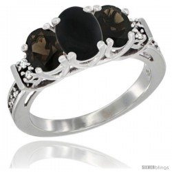 14K White Gold Natural Black Onyx & Smoky Topaz Ring 3-Stone Oval with Diamond Accent