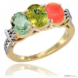 10K Yellow Gold Natural Green Amethyst, Lemon Quartz & Coral Ring 3-Stone Oval 7x5 mm Diamond Accent