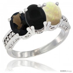 14K White Gold Natural Smoky Topaz, Black Onyx & Opal Ring 3-Stone 7x5 mm Oval Diamond Accent