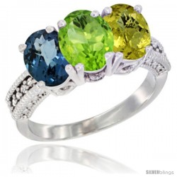 10K White Gold Natural London Blue Topaz, Peridot & Lemon Quartz Ring 3-Stone Oval 7x5 mm Diamond Accent