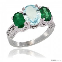 10K White Gold Ladies Natural Aquamarine Oval 3 Stone Ring with Emerald Sides Diamond Accent