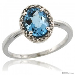 10k White Gold Diamond Halo London Blue Topaz Ring 1.2 ct Oval Stone 8x6 mm, 1/2 in wide