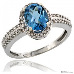 10k White Gold Diamond Halo London Blue Topaz Ring 1.2 ct Oval Stone 8x6 mm, 3/8 in wide