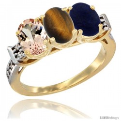 10K Yellow Gold Natural Morganite, Tiger Eye & Lapis Ring 3-Stone Oval 7x5 mm Diamond Accent