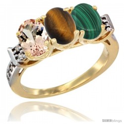 10K Yellow Gold Natural Morganite, Tiger Eye & Malachite Ring 3-Stone Oval 7x5 mm Diamond Accent