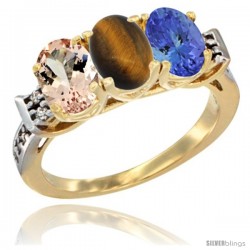 10K Yellow Gold Natural Morganite, Tiger Eye & Tanzanite Ring 3-Stone Oval 7x5 mm Diamond Accent