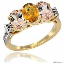 10K Yellow Gold Natural Whisky Quartz & Morganite Sides Ring 3-Stone Oval 7x5 mm Diamond Accent