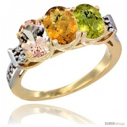 10K Yellow Gold Natural Morganite, Whisky Quartz & Lemon Quartz Ring 3-Stone Oval 7x5 mm Diamond Accent