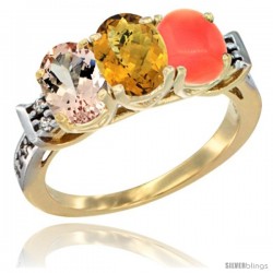 10K Yellow Gold Natural Morganite, Whisky Quartz & Coral Ring 3-Stone Oval 7x5 mm Diamond Accent