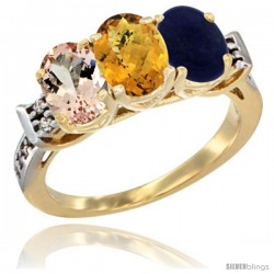 10K Yellow Gold Natural Morganite, Whisky Quartz & Lapis Ring 3-Stone Oval 7x5 mm Diamond Accent