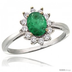 10k White Gold Diamond Halo Emerald Ring 0.85 ct Oval Stone 7x5 mm, 1/2 in wide
