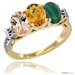 10K Yellow Gold Natural Morganite, Whisky Quartz & Malachite Ring 3-Stone Oval 7x5 mm Diamond Accent