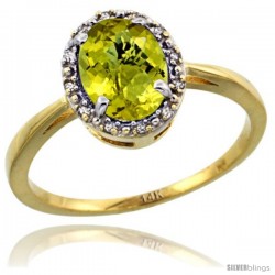 14k Yellow Gold Diamond Halo Lemon Quartz Ring 1.2 ct Oval Stone 8x6 mm, 1/2 in wide