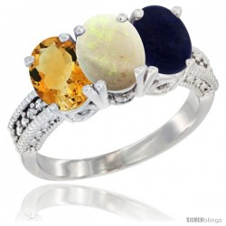 10K White Gold Natural Citrine, Opal & Lapis Ring 3-Stone Oval 7x5 mm Diamond Accent