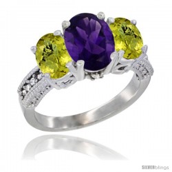 14K White Gold Ladies 3-Stone Oval Natural Amethyst Ring with Lemon Quartz Sides Diamond Accent