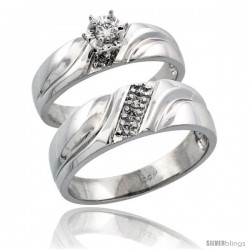 14k White Gold 2-Piece Diamond Ring Band Set w/ Rhodium Accent ( Engagement Ring & Man's Wedding Band ), w/ 0.20 Carat