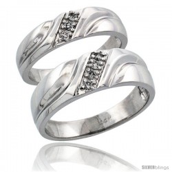 14k White Gold 2-Piece His (7mm) & Hers (5mm) Diamond Wedding Ring Band Set w/ 0.15 Carat Brilliant Cut Diamonds