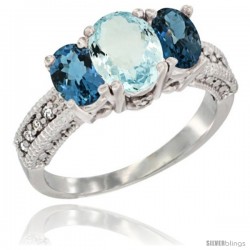 10K White Gold Ladies Oval Natural Aquamarine 3-Stone Ring with London Blue Topaz Sides Diamond Accent