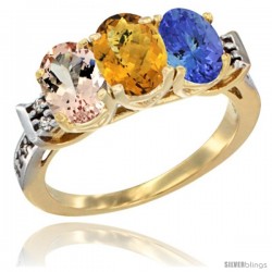 10K Yellow Gold Natural Morganite, Whisky Quartz & Tanzanite Ring 3-Stone Oval 7x5 mm Diamond Accent