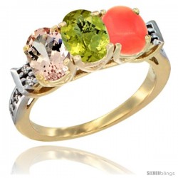 10K Yellow Gold Natural Morganite, Lemon Quartz & Coral Ring 3-Stone Oval 7x5 mm Diamond Accent