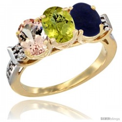 10K Yellow Gold Natural Morganite, Lemon Quartz & Lapis Ring 3-Stone Oval 7x5 mm Diamond Accent