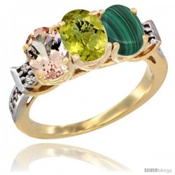 10K Yellow Gold Natural Morganite, Lemon Quartz & Malachite Ring 3-Stone Oval 7x5 mm Diamond Accent