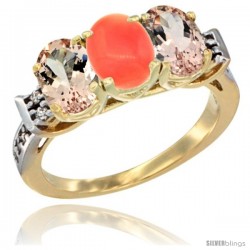 10K Yellow Gold Natural Coral & Morganite Sides Ring 3-Stone Oval 7x5 mm Diamond Accent